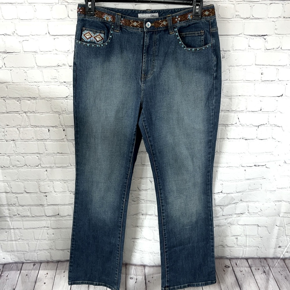 Southwestern style inspired jeans by Chico’s Platinum Beaded. Like new. Size 1.5